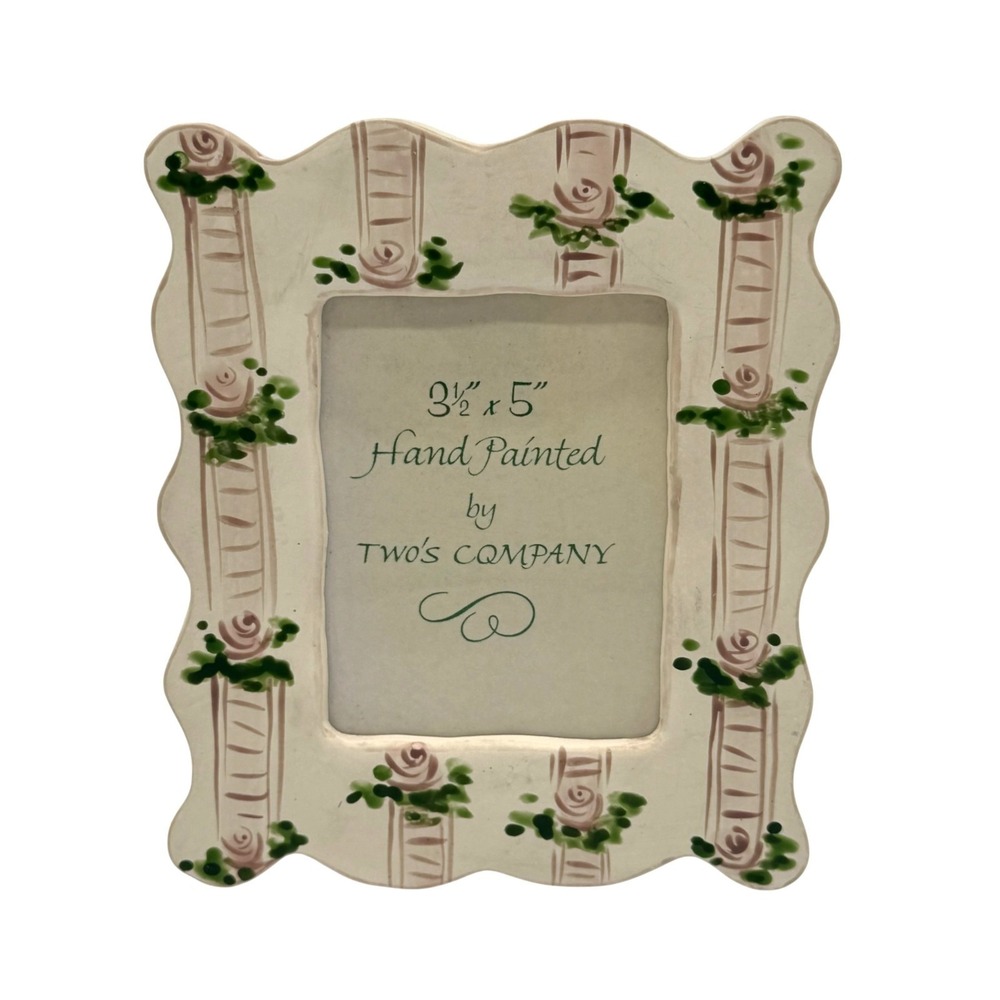 VTG Twos Company Picture Frame Hand Painted Pink Floral Ceramic 3.5x5 Cottage